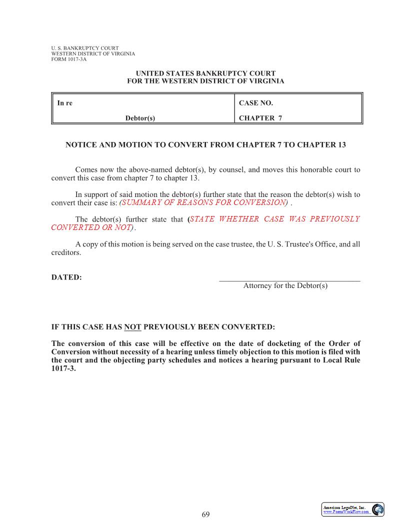 Notice And Motion To Convert From Chapter 7 to Chapter 13 {1017-3A} | Pdf Fpdf Docx | Virginia