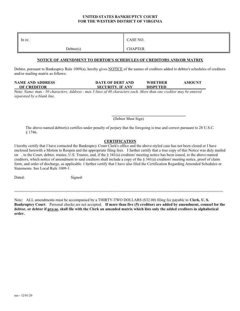 Notice Of Amendment To Debtors Schedule Of Creditors And Or Matrix  | Pdf Fpdf Docx | Virginia