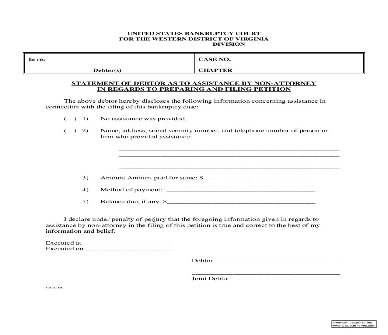 Statement Of Debtor As To Assistance By Non-Attorney In Regards To Preparing And Filing Petition | Pdf Fpdf Doc Docx | Virginia