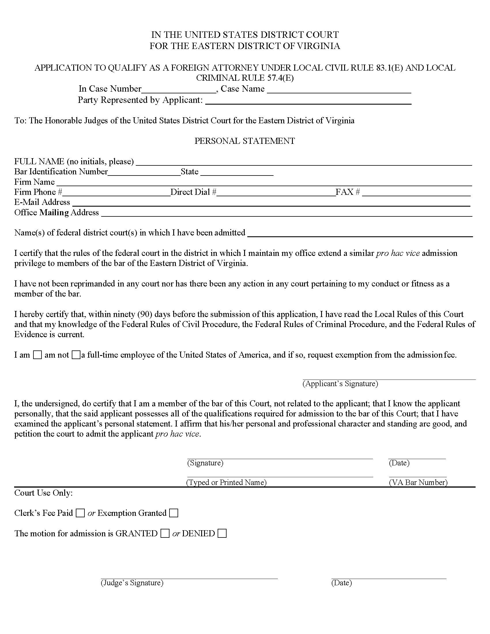 Application To Qualify As A Foreign Attorney (Pro Hac Vice) | Pdf Fpdf Doc Docx | Virginia