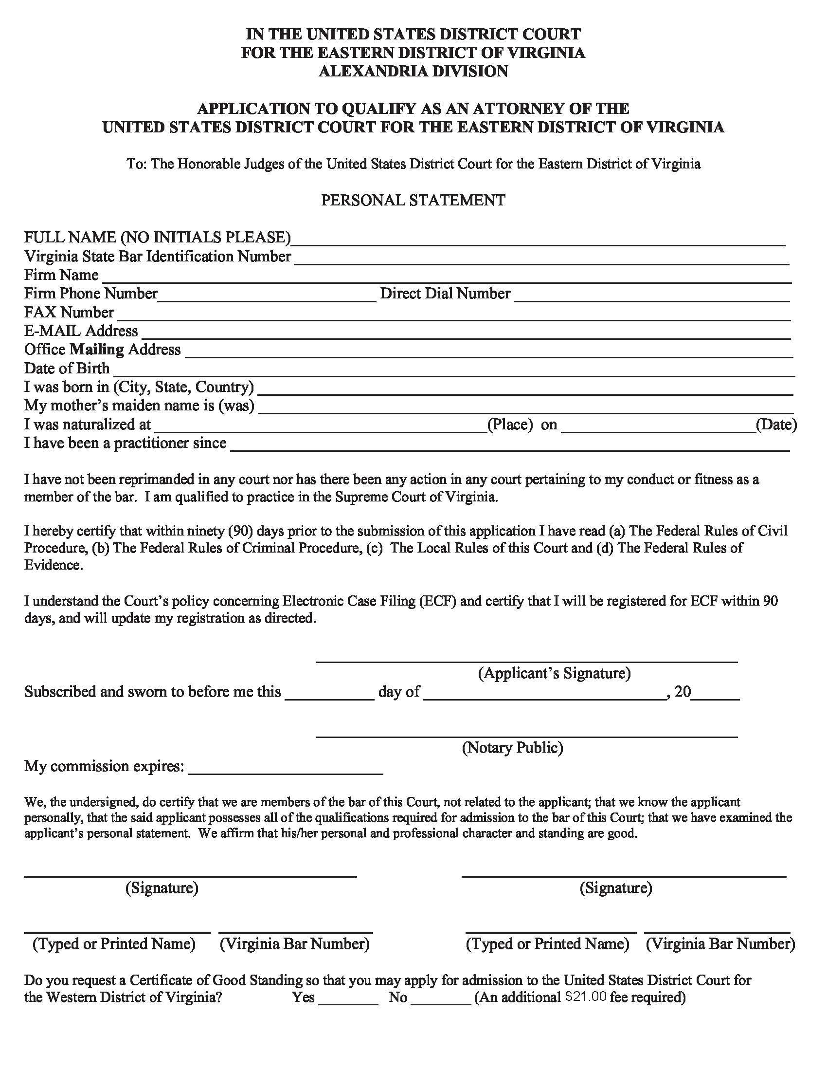 Application To Qualify As An Attorney (Alexandria) | Pdf Fpdf Docx | Virginia