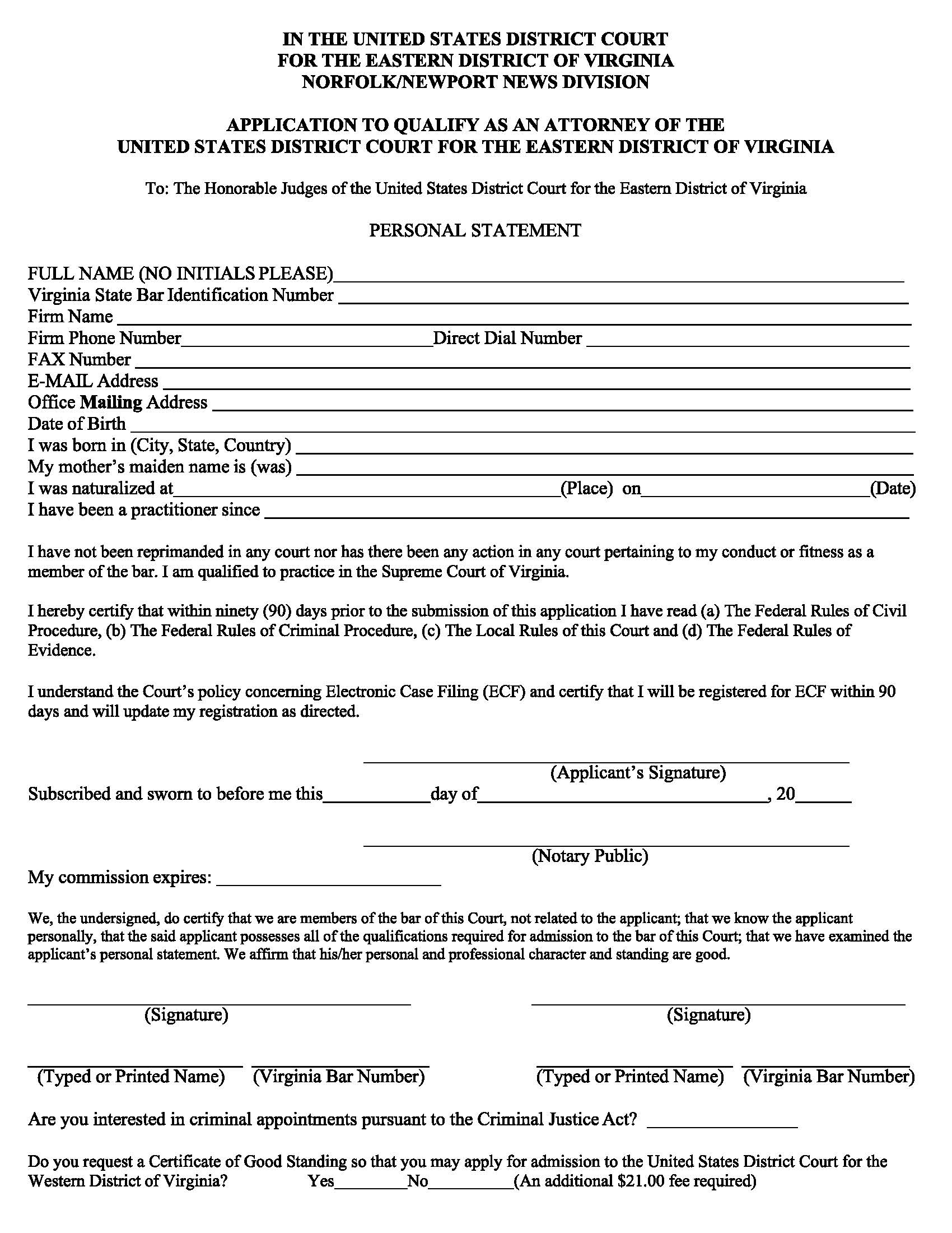 Application To Qualify As An Attorney (Norfolk Newport News) | Pdf Fpdf Docx | Virginia