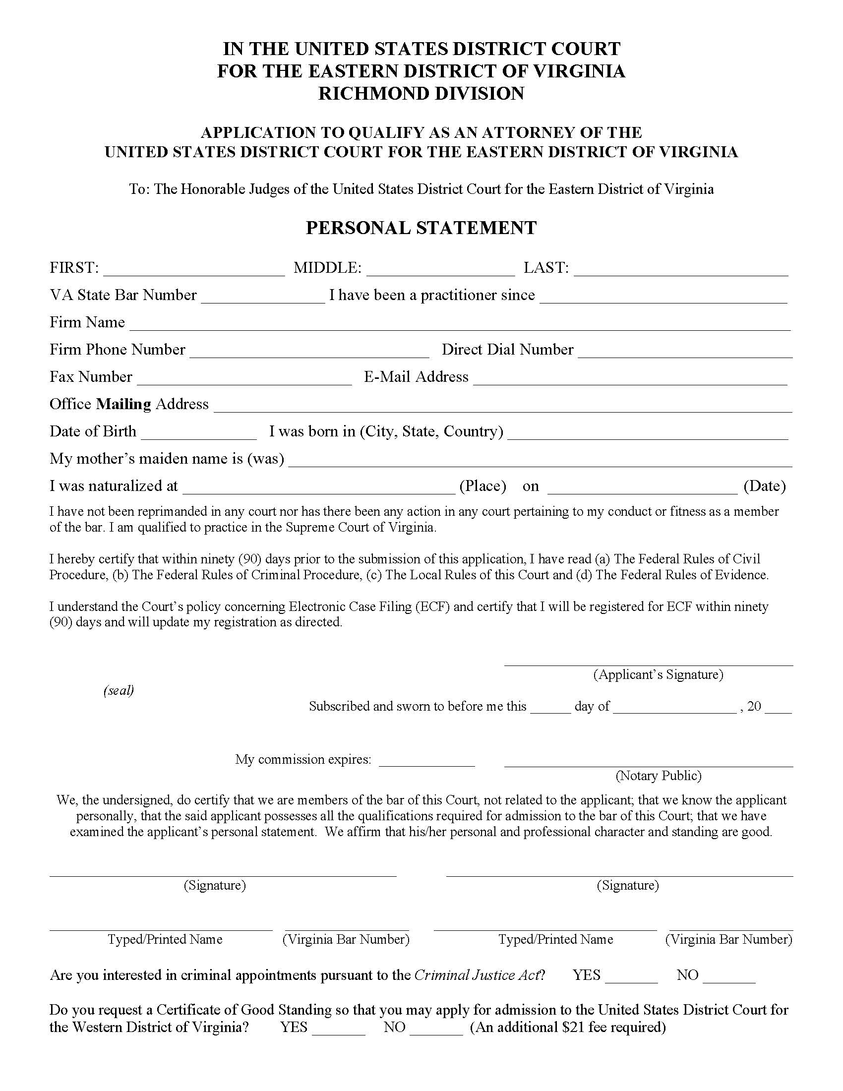 Application To Qualify As An Attorney (Richmond) | Pdf Fpdf Docx | Virginia