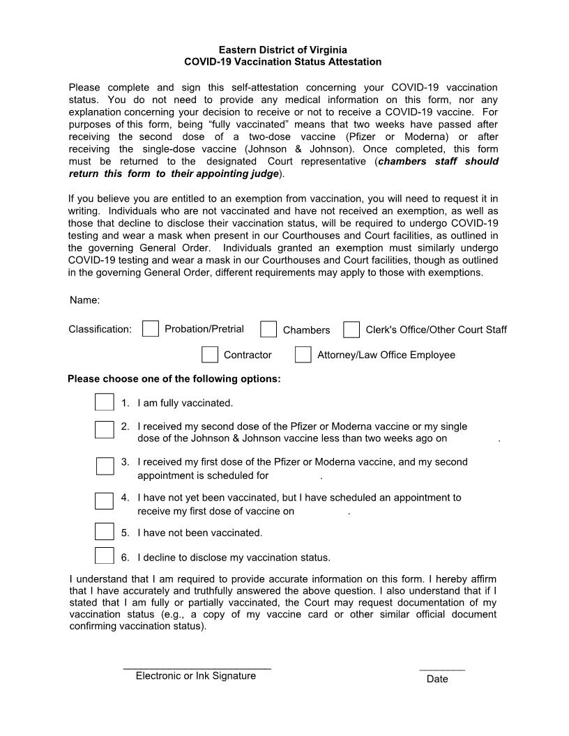 COVID-19 Vaccination Status Attestation | Pdf Fpdf Docx | Virginia