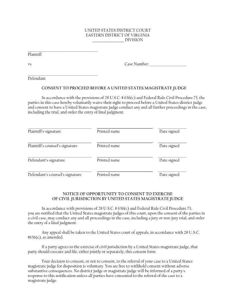 Consent To Proceed Before A Magistrate Judge | Pdf Fpdf Docx | Virginia