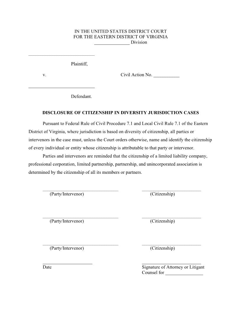 Disclosure Of Citizenship In Diversity Jurisdiction Cases | Pdf Fpdf Docx | Virginia