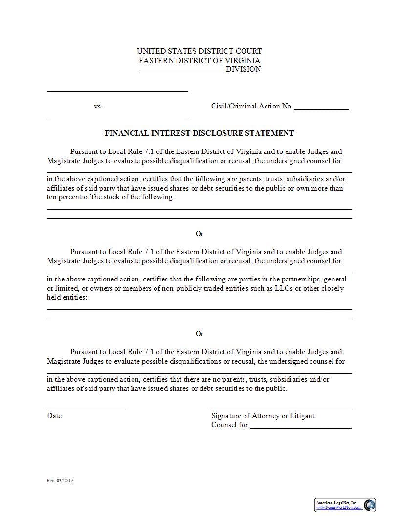 Financial Interest Disclosure Certificate | Pdf Fpdf Docx | Virginia