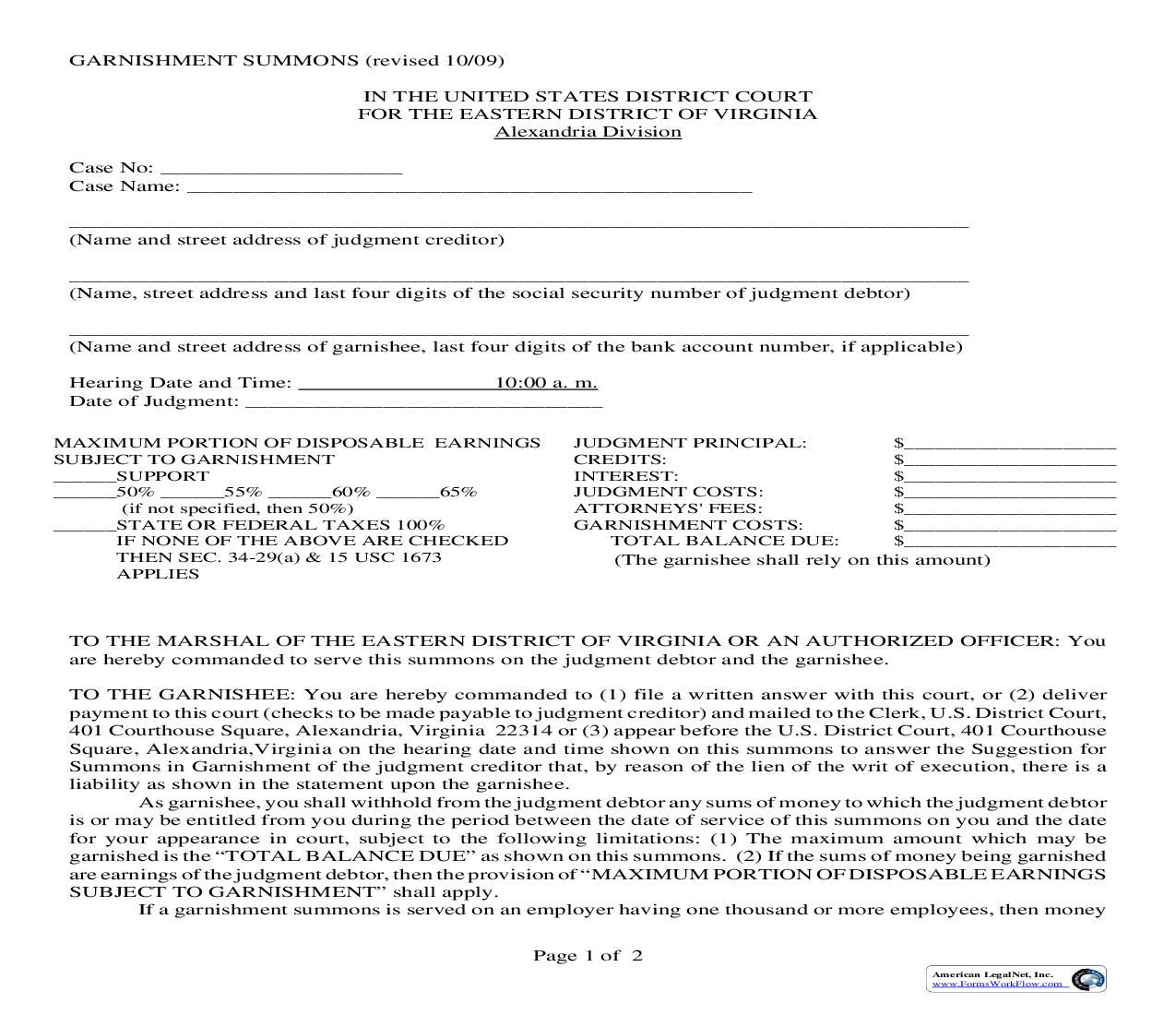 Garnishment Summons (Alexandria) | Pdf Fpdf Doc Docx | Virginia