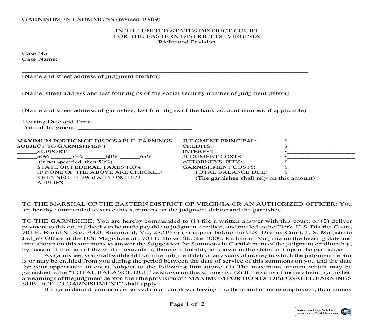 Garnishment Summons (Richmond) | Pdf Fpdf Doc Docx | Virginia
