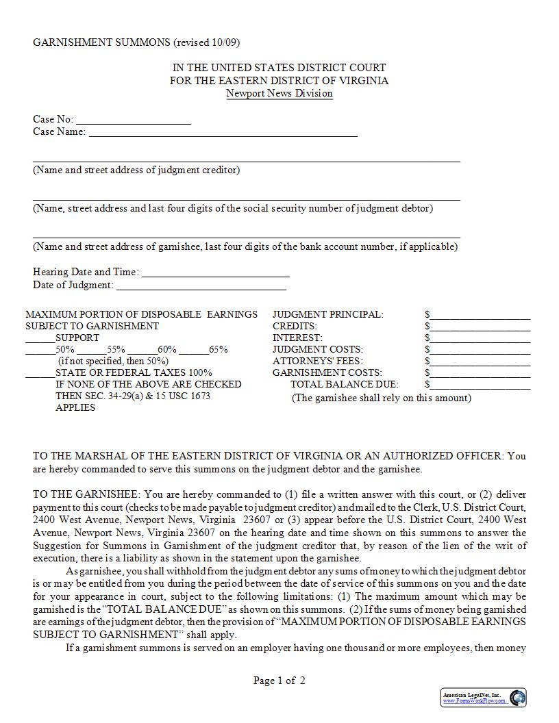 Garnishment Summons Newport News | Pdf Fpdf Docx | Virginia