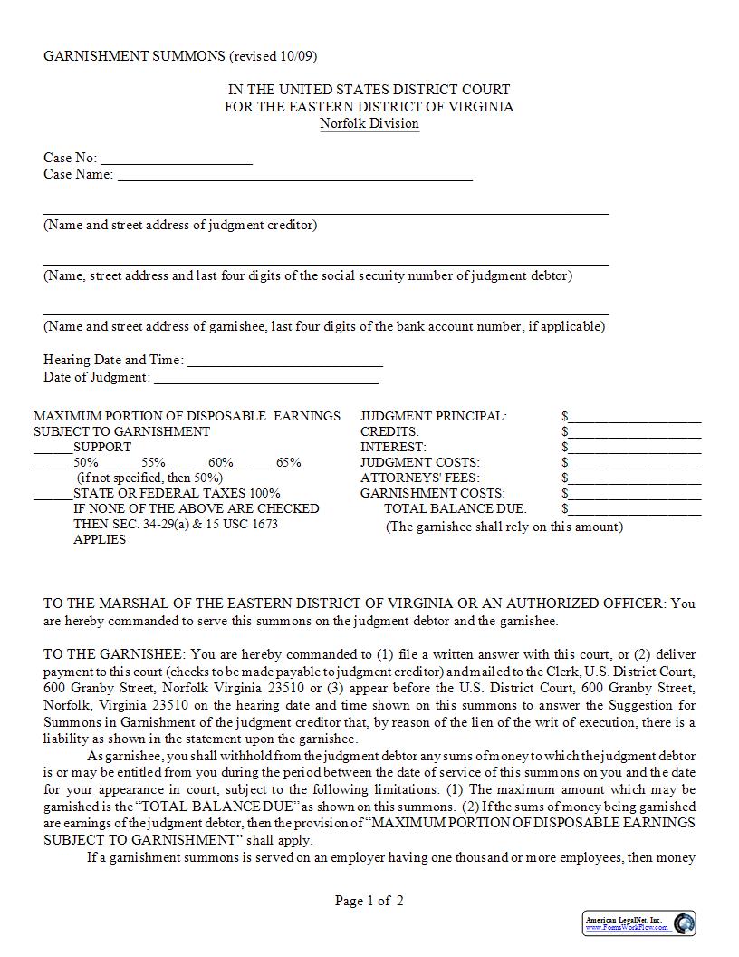 Garnishment Summons Norfolk | Pdf Fpdf Docx | Virginia