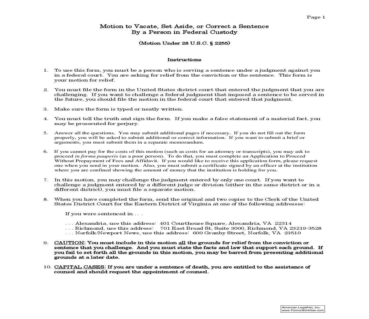 Motion to Vacate Set Aside Or Correct Sentence By Person In Federal Custody | Pdf Fpdf Doc Docx | Virginia