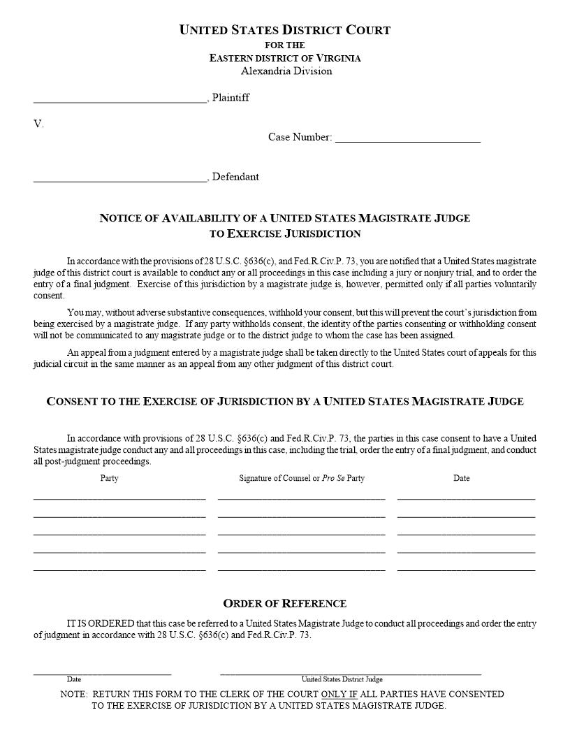 Notice Of Availability Of A Magistrate Judge To Exercise Jurisdiction (Alexandria) | Pdf Fpdf Docx | Virginia
