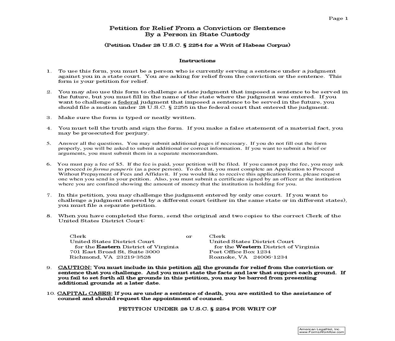 Petition For Relief From Conviction Or Sentence By Person In State Custody | Pdf Fpdf Doc Docx | Virginia