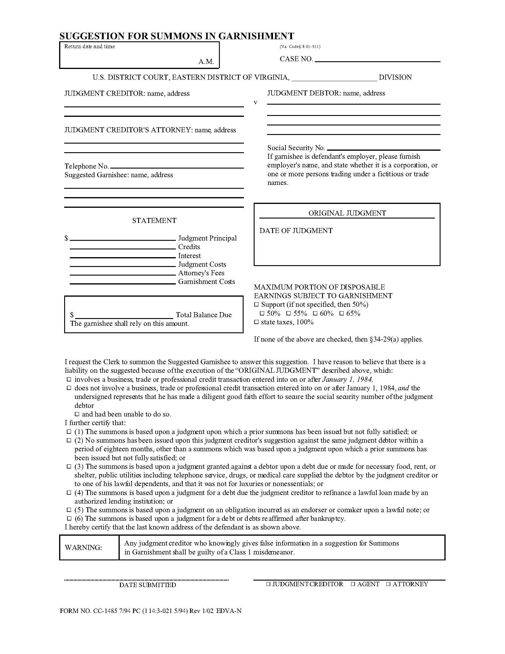 Suggestion For Summons In Garnishment | Pdf Fpdf Docx | Virginia