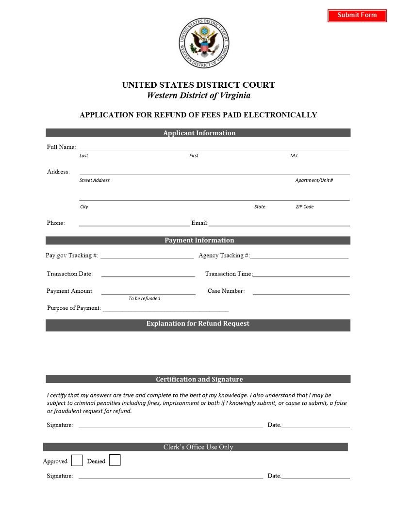 Applicaion For Refund Of Fees Paid Electronically | Pdf Fpdf Docx | Virginia