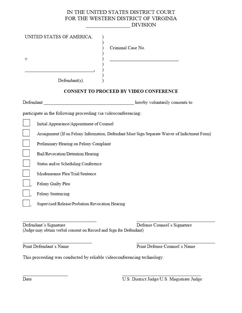 Consent To Proceed By Video Conference | Pdf Fpdf Docx | Virginia