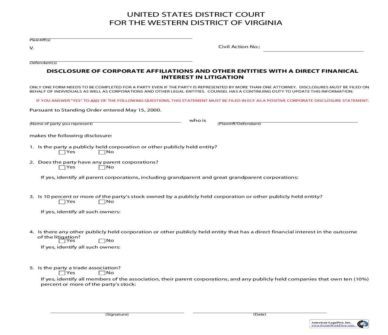 Disclosure Of Corporate Affiliations And Other Entities With A Direct Financial Interest In Litigation | Pdf Fpdf Doc Docx | Virginia