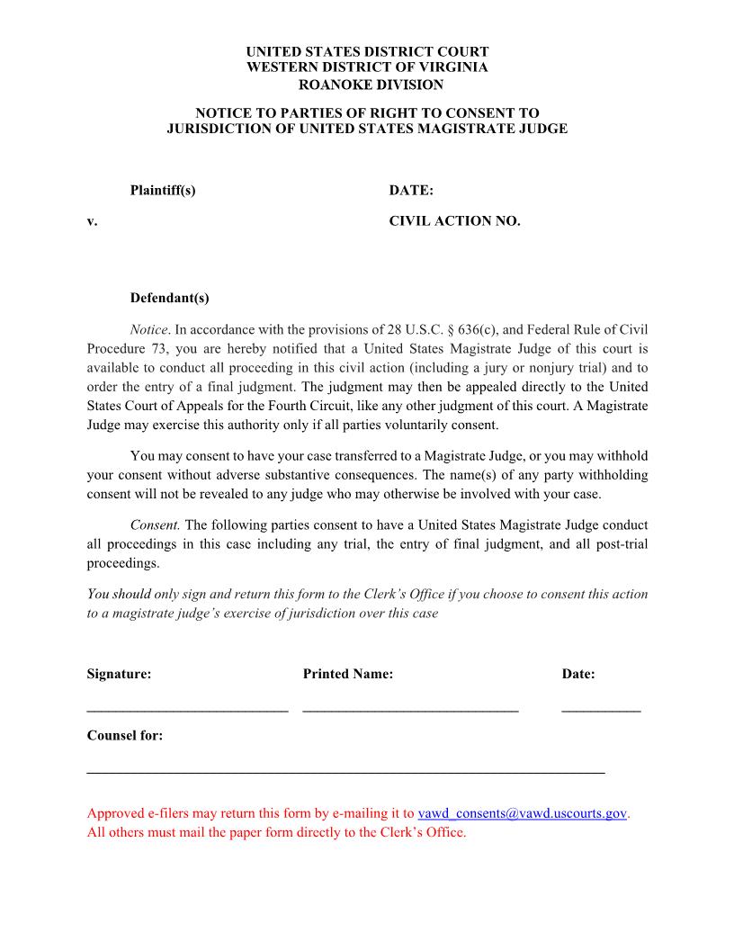 Notice To Parties Of Right To Consent To Jurisdiction  Of Magistrate Judge | Pdf Fpdf Docx | Virginia