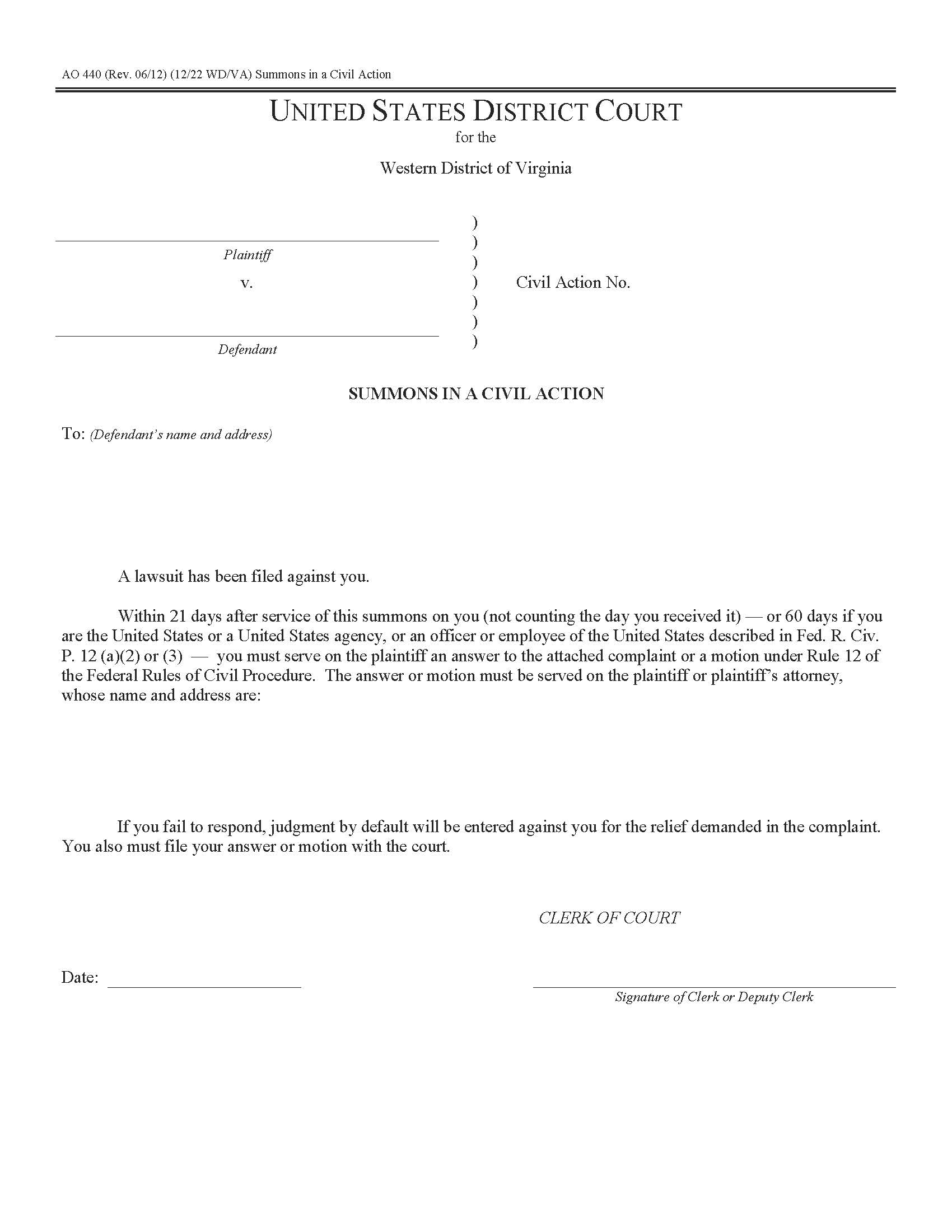 Summons In A Civil Action (VA Western District) {AO 440} | Pdf Fpdf Docx | Virginia