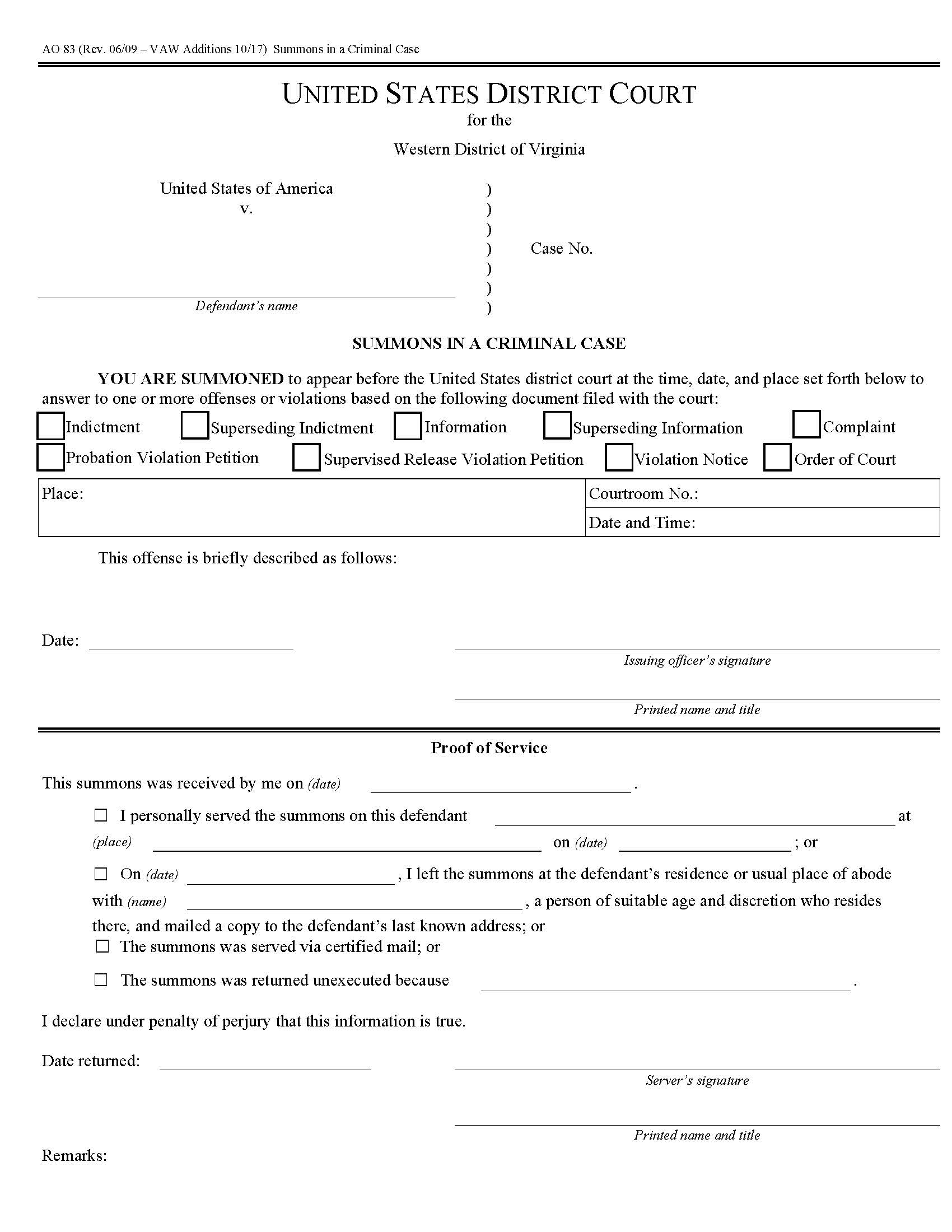 Summons In A Criminal Case (VA Western District) {AO 83} | Pdf Fpdf Docx | Virginia