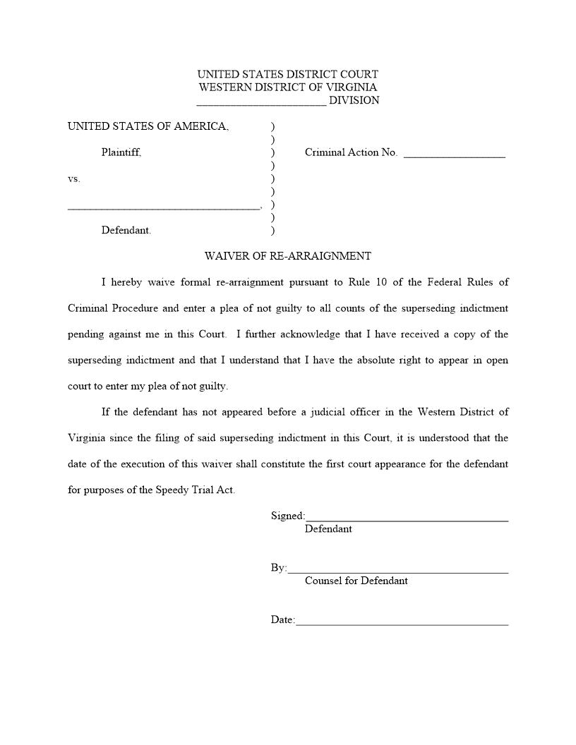 Waiver Of Re Arraignment | Pdf Fpdf Docx | Virginia
