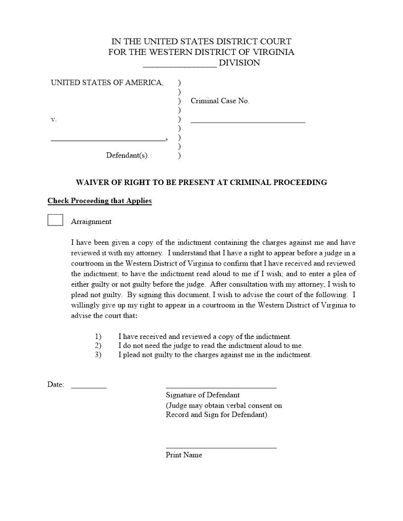 Waiver Of Right To Be Present At Criminal Proceeding | Pdf Fpdf Docx | Virginia