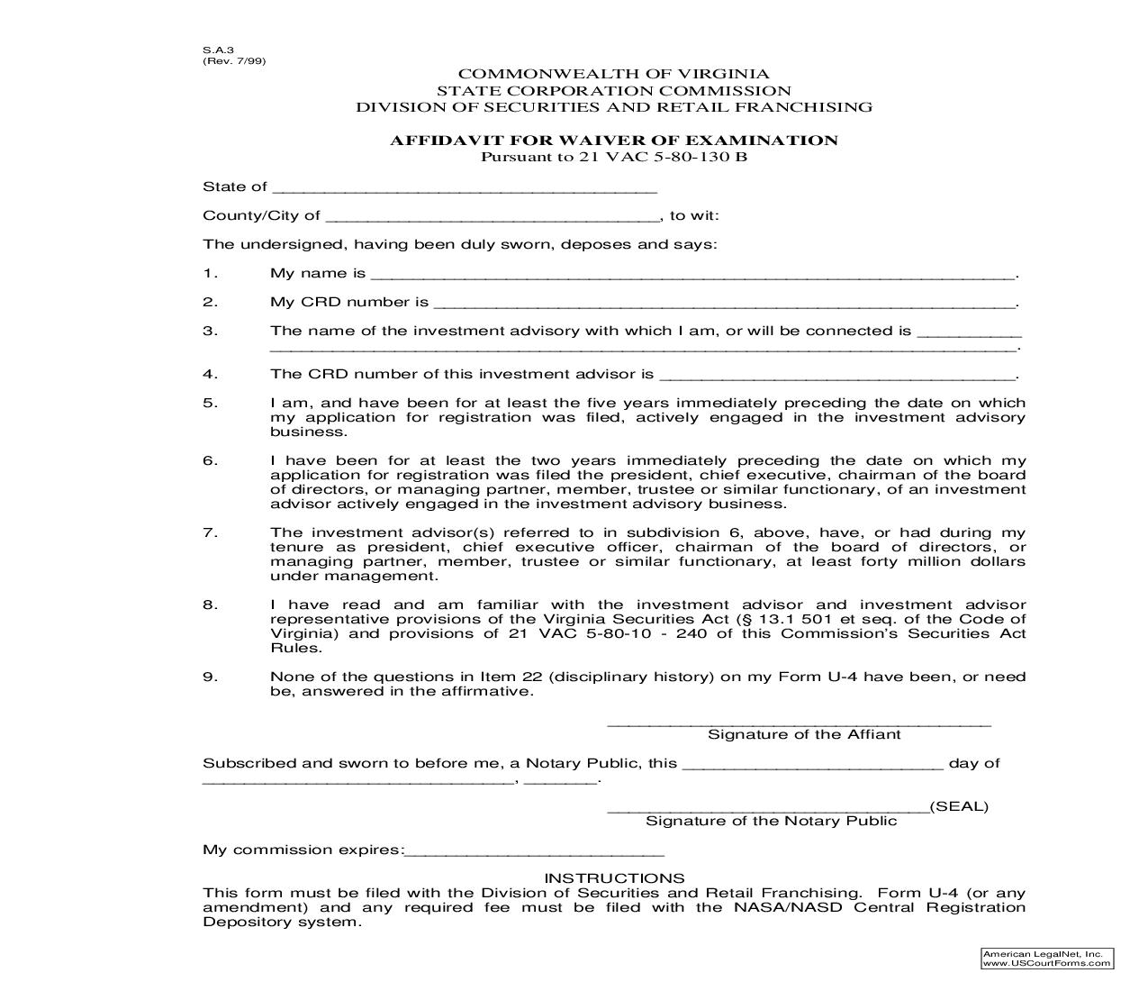 Affidavit For Waiver Of Examination {S.A.3} | Pdf Fpdf Doc Docx | Virginia