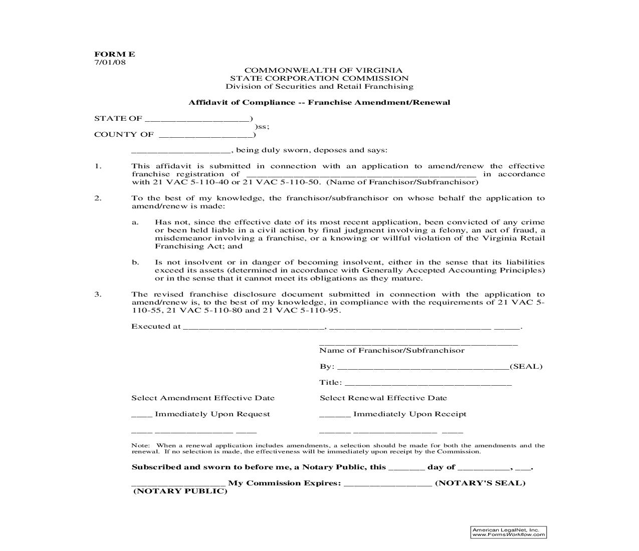 Affidavit Of Compliance-Franchise Amendment Renewal {E} | Pdf Fpdf Doc Docx | Virginia
