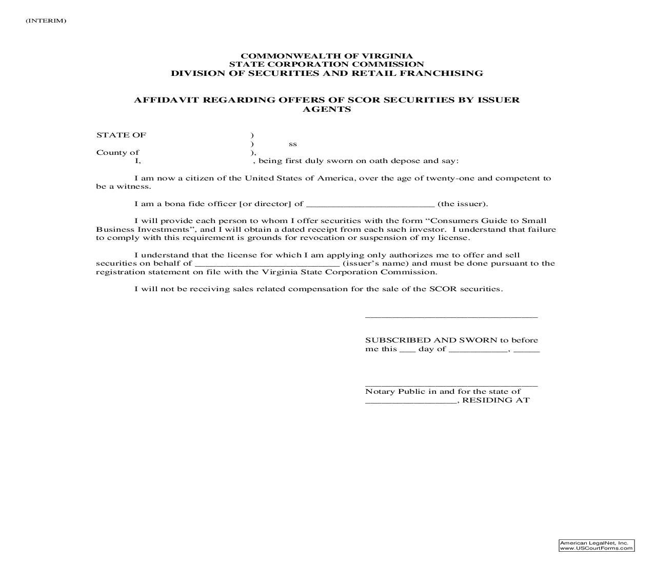 Affidavit Regarding Offers Of SCOR Securities By Issuer-Agents {AFF} | Pdf Fpdf Doc Docx | Virginia