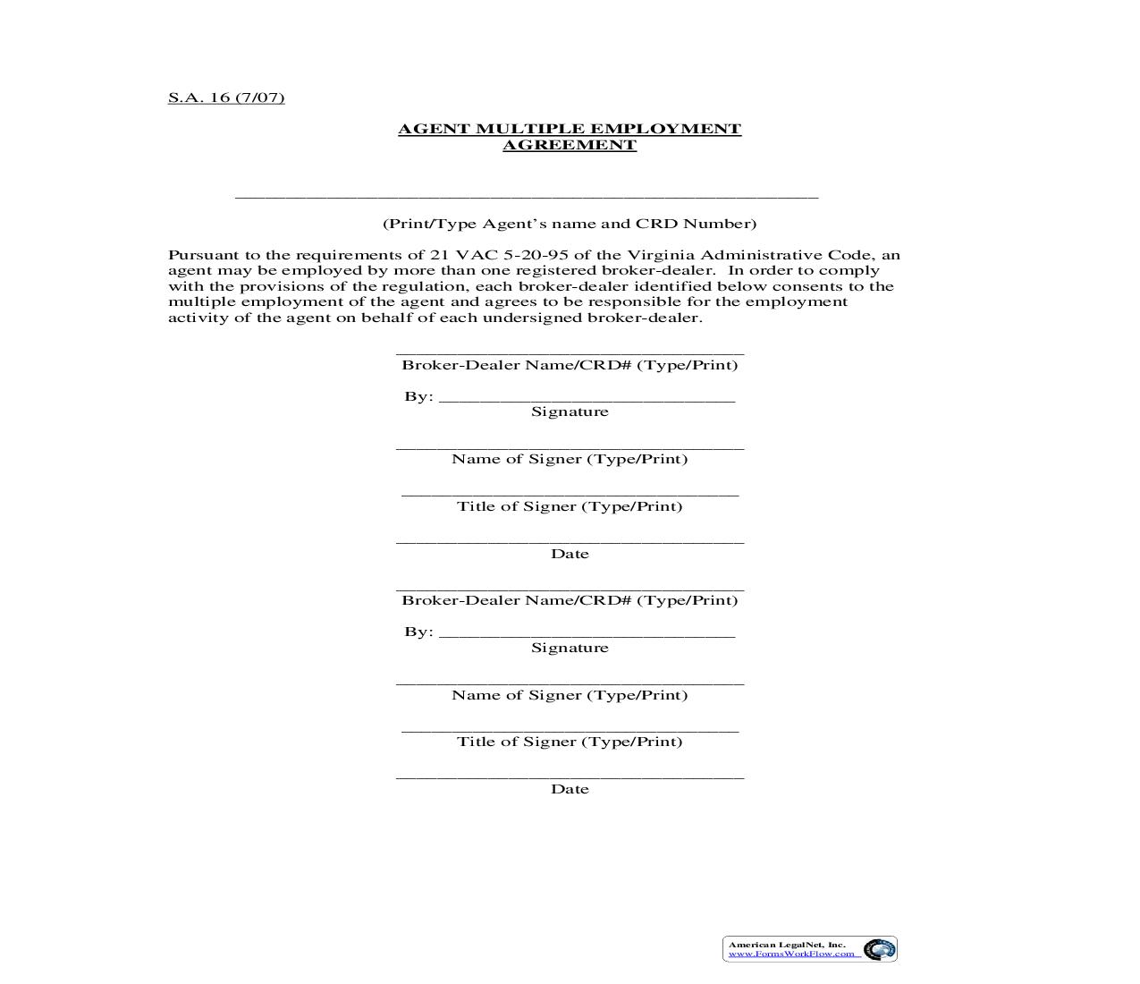 Agent Multiple Employment Agreement {S.A. 16} | Pdf Fpdf Doc Docx | Virginia