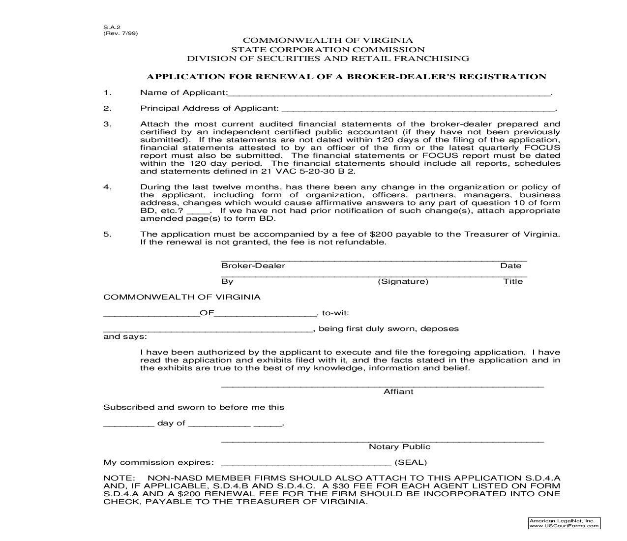 Application For Renewal Of A Broker-Dealers Registration {S.A. 2} | Pdf Fpdf Doc Docx | Virginia