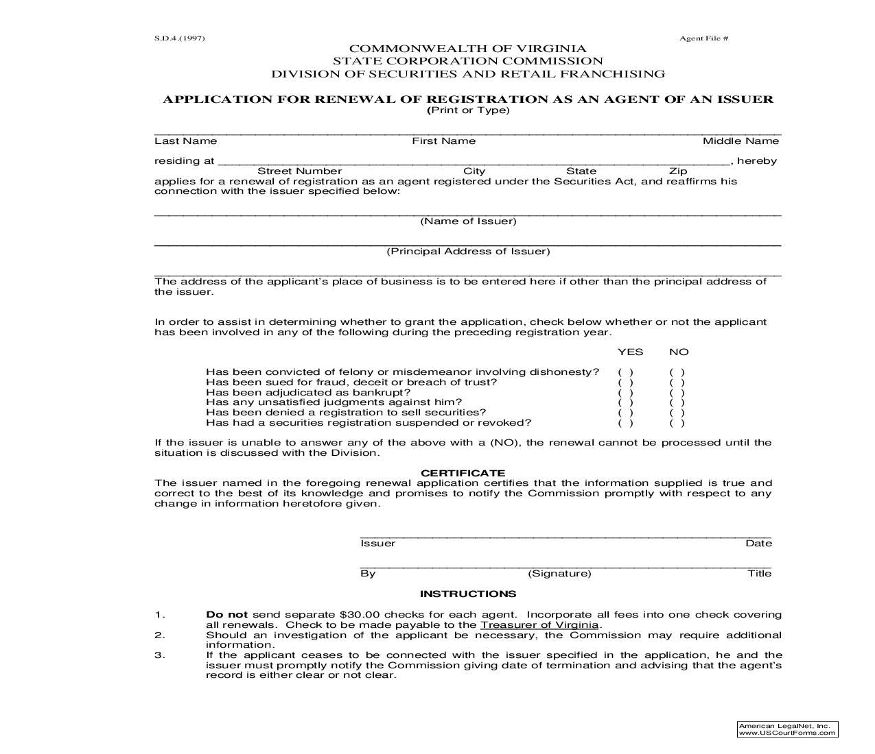 Application For Renewal Of Registration As An Agent Of An Issuer {S.D.4} | Pdf Fpdf Doc Docx | Virginia