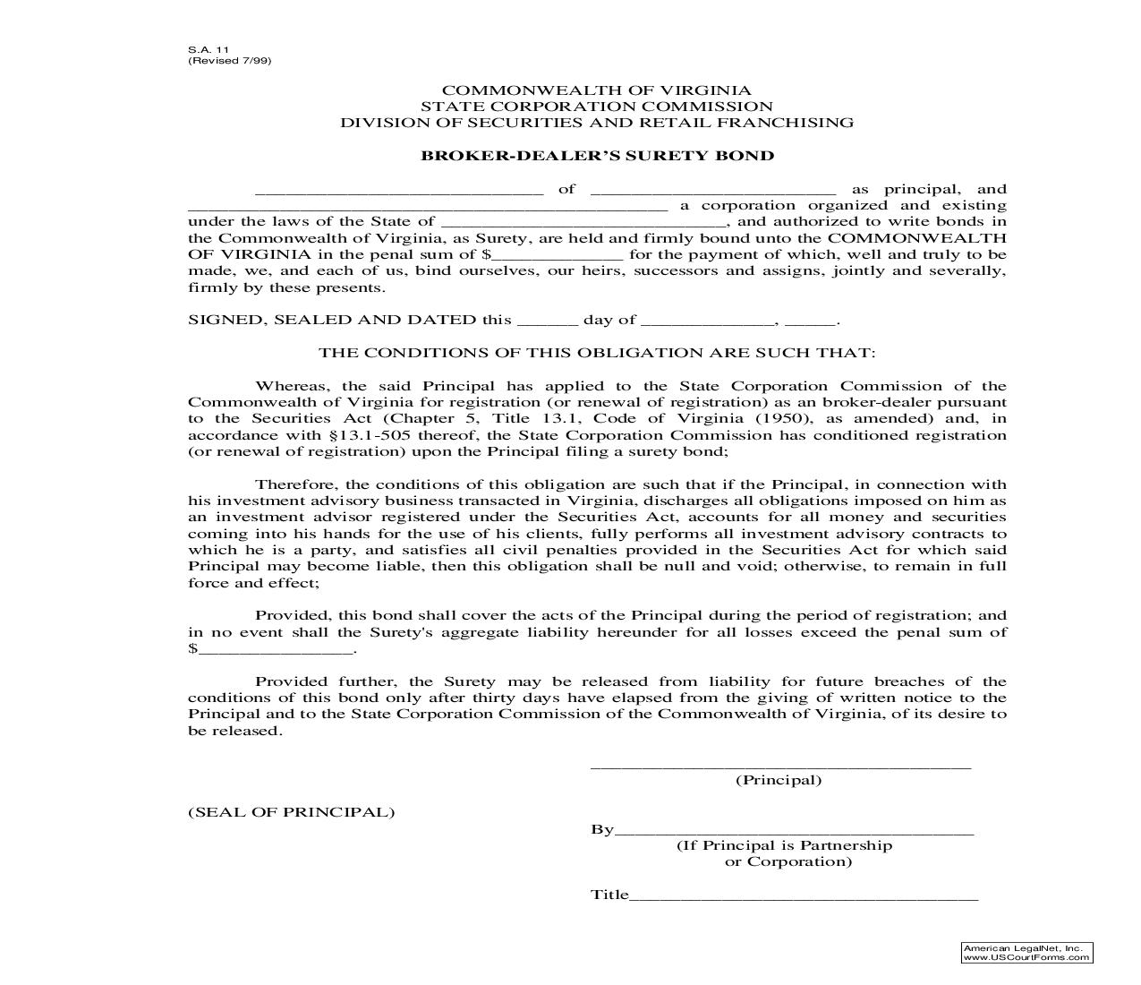 Broker Dealers Surety Bond {S.A. 11} | Pdf Fpdf Doc Docx | Virginia