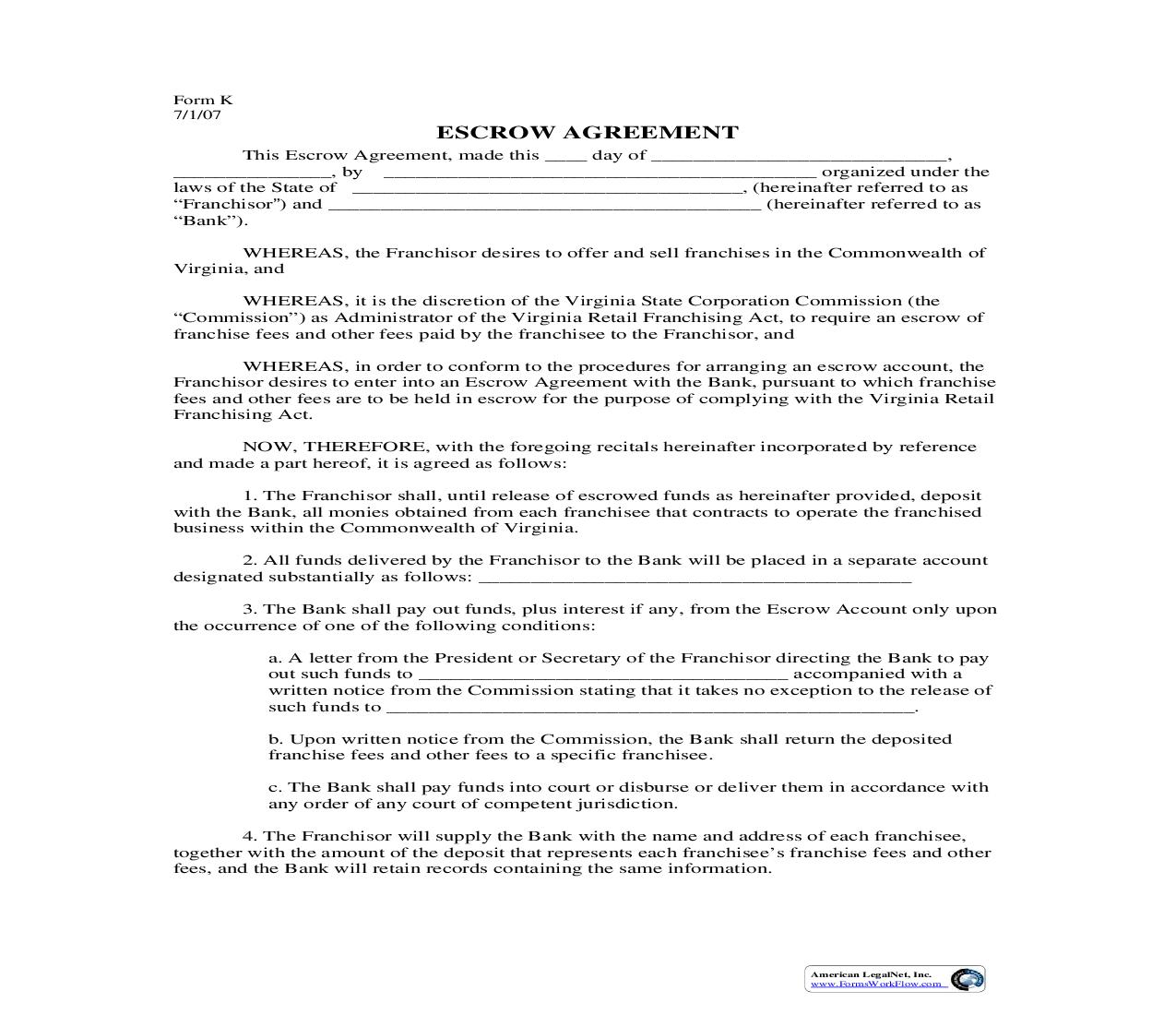 Escrow Agreement {K} | Pdf Fpdf Doc Docx | Virginia