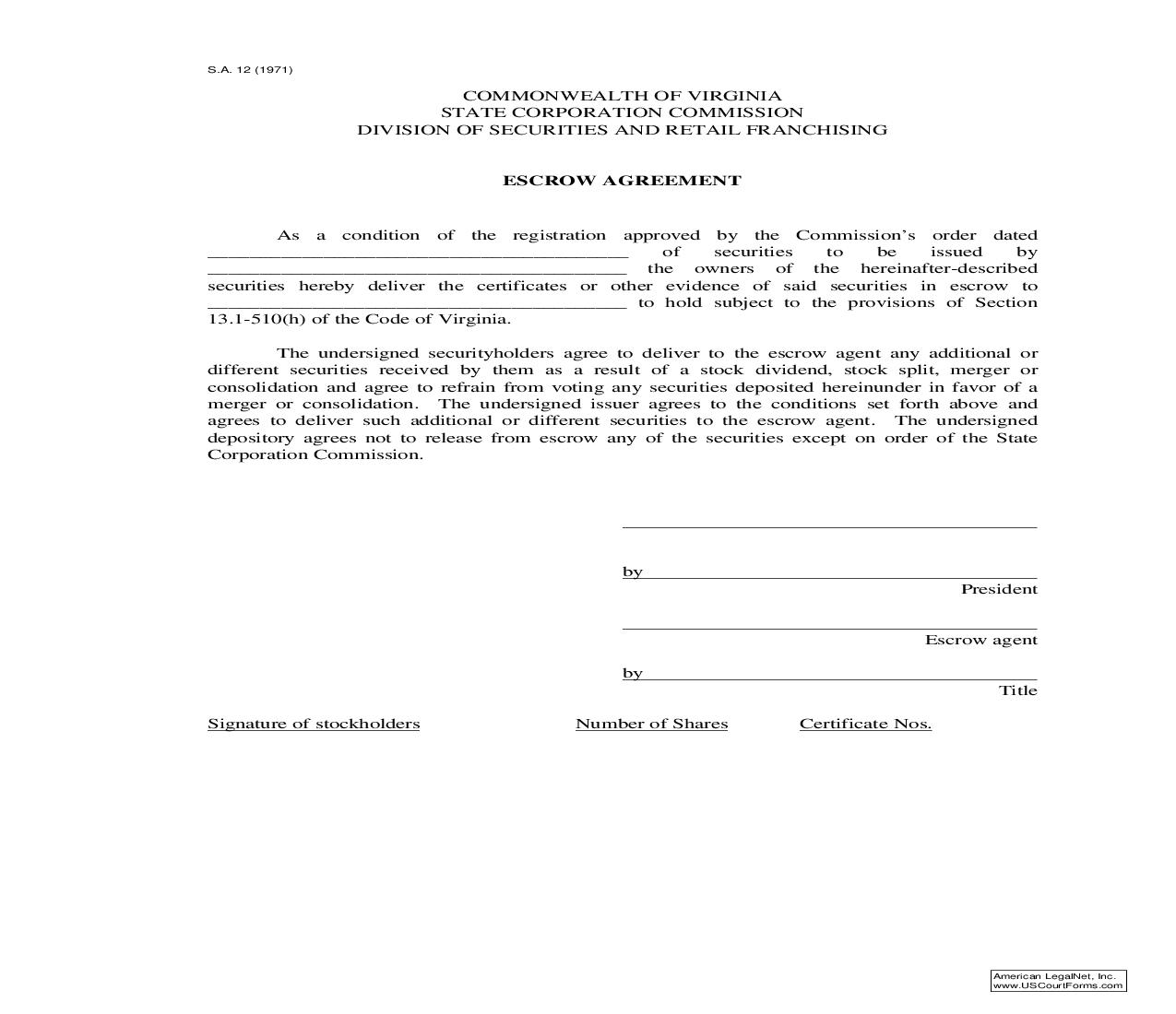 Escrow Agreement {S.A. 12} | Pdf Fpdf Doc Docx | Virginia