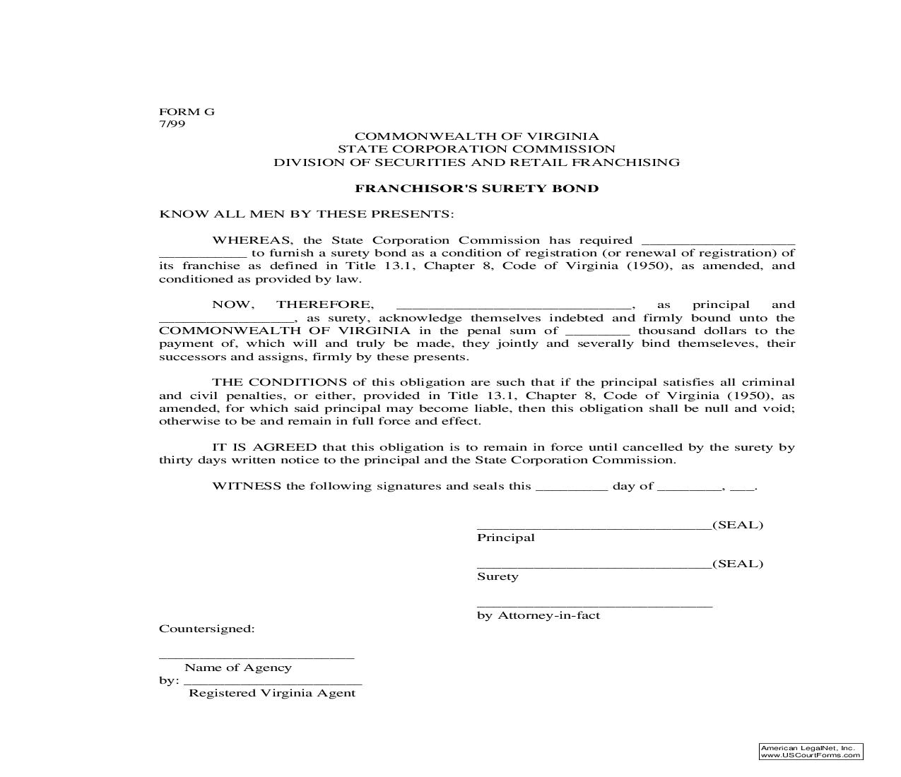 Franchisors Surety Bond {G} | Pdf Fpdf Doc Docx | Virginia