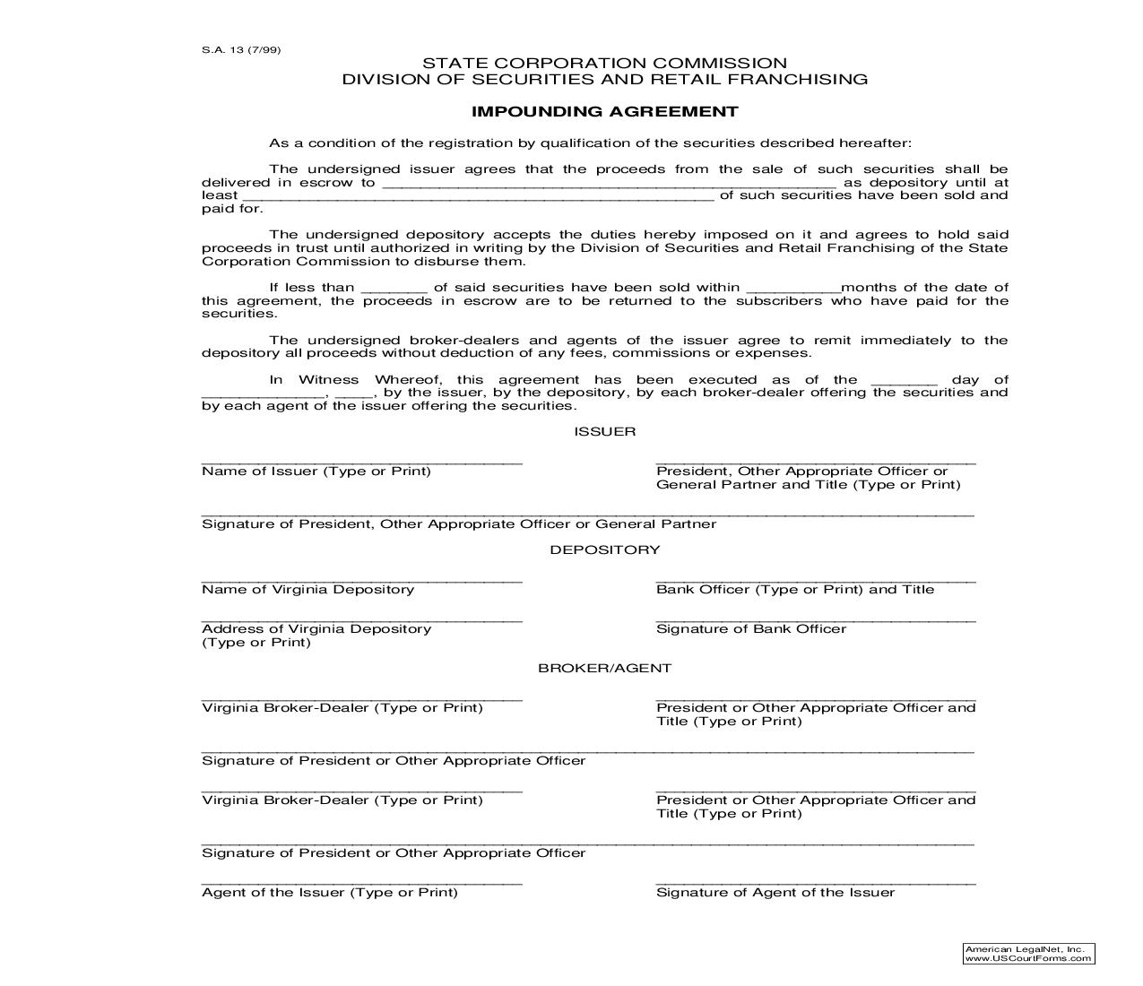 Impounding Agreement {S.A. 13} | Pdf Fpdf Doc Docx | Virginia