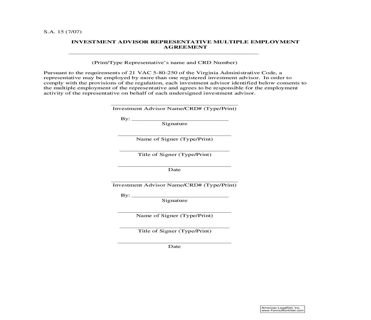 Investment Adviser Representative Multiple Employment Agreement {S.A.15} | Pdf Fpdf Doc Docx | Virginia