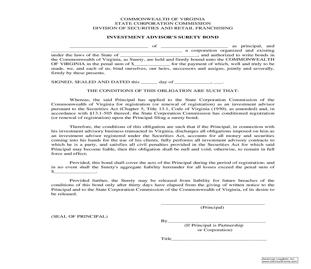 Investment Advisors Surety Bond {SB} | Pdf Fpdf Doc Docx | Virginia