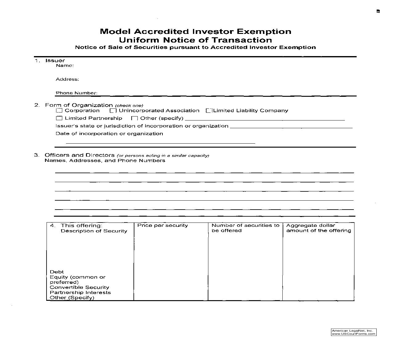 Model Accredited Investor Exemption Uniform Notice Of Transaction | Pdf Fpdf Doc Docx | Virginia