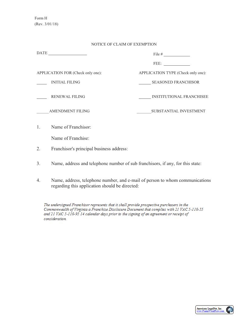 Notice Of Claim Exemption {H} | Pdf Fpdf Docx | Virginia