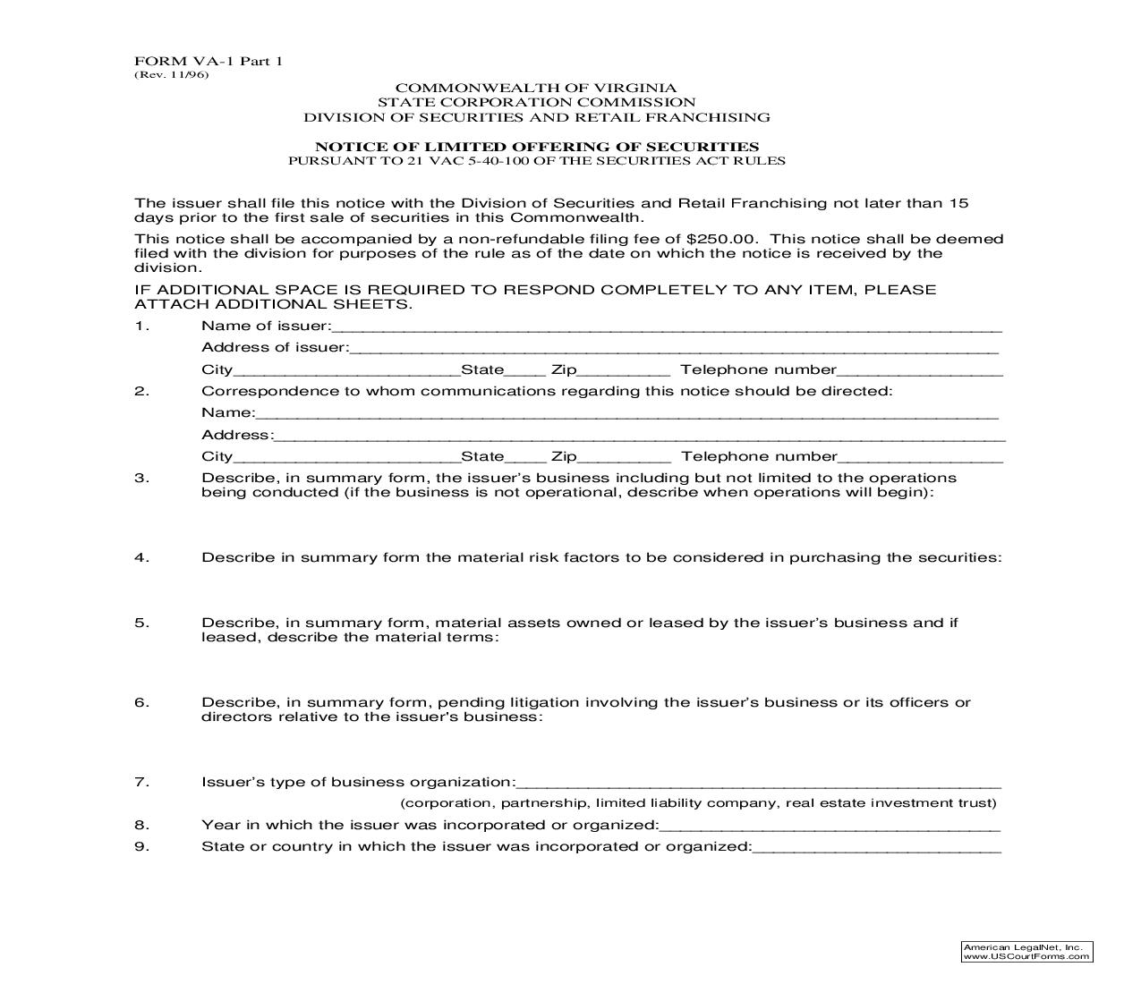 Notice Of Limited Offering Of Securities {VA-1} | Pdf Fpdf Doc Docx | Virginia