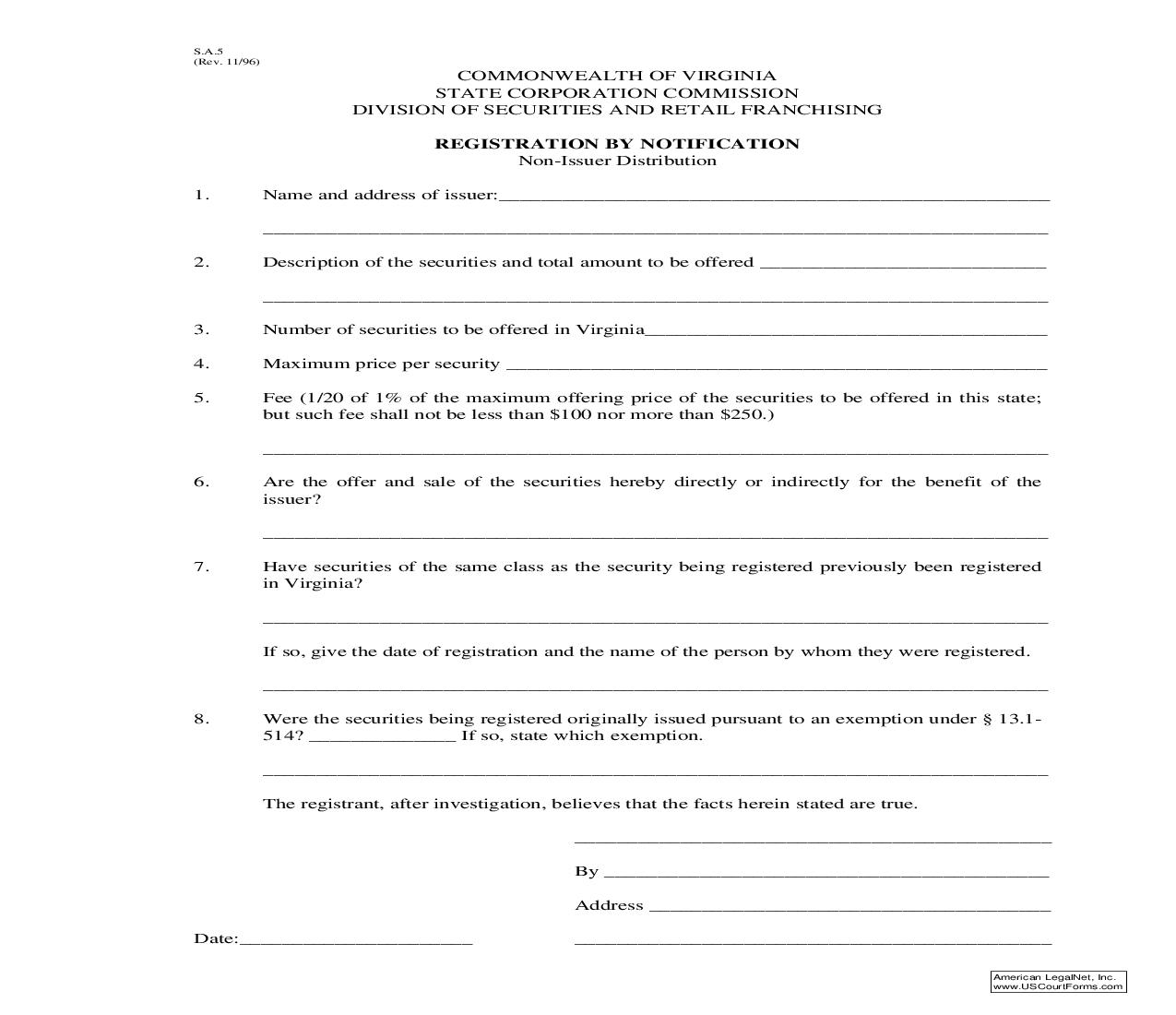 Registration By Notification (Non-Issuer Distribution) {S.A. 5} | Pdf Fpdf Doc Docx | Virginia