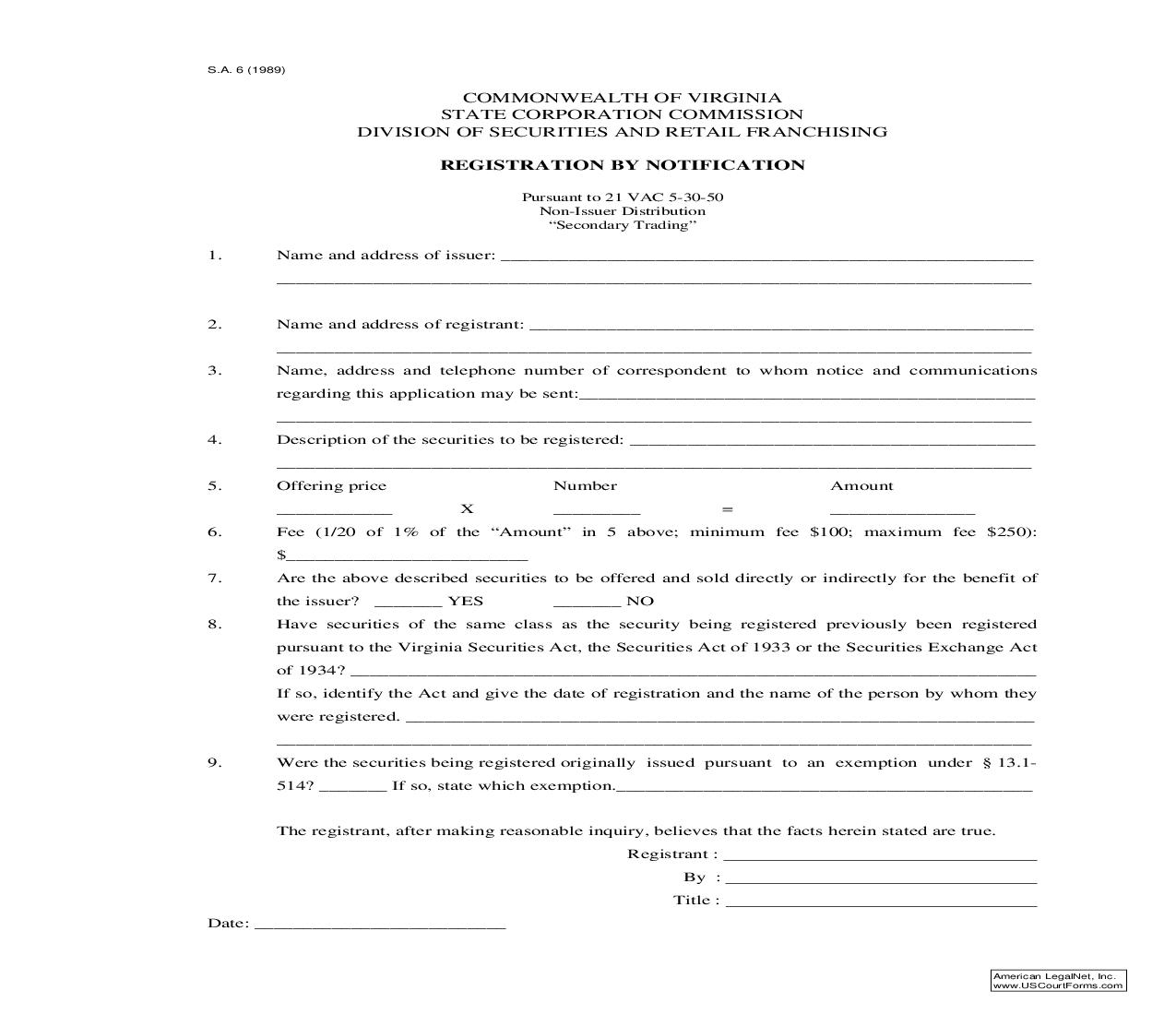 Registration By Notification (Non-Issuer Distribution-Secondary Trading) {S.A. 6} | Pdf Fpdf Doc Docx | Virginia