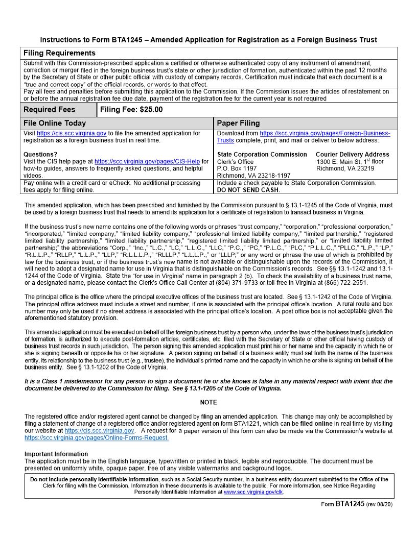 Amended Application For Registration As Foreign Business Trust {BTA1245} | Pdf Fpdf Doc Docx | Virginia