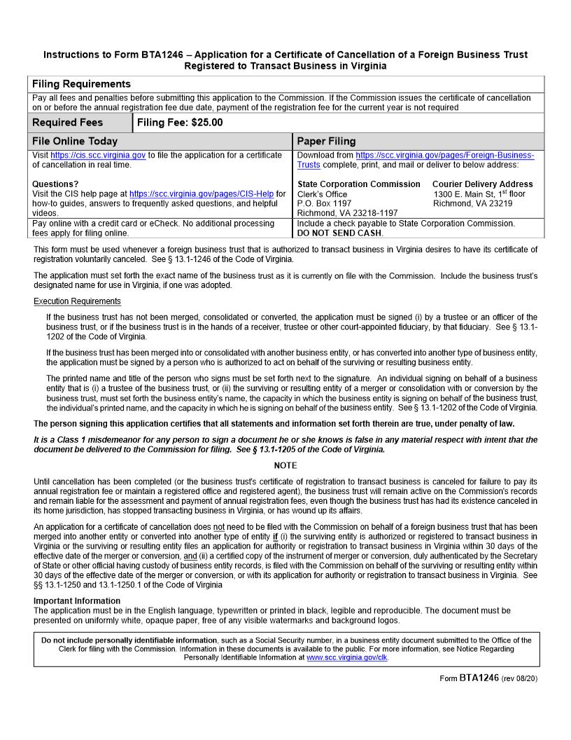 Application For Cancellation Of A Foreign Business Trust {BTA1246} | Pdf Fpdf Doc Docx | Virginia