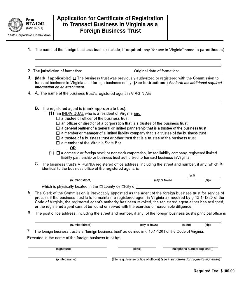 Application For Certificate Of Registration To Transact Business In VA As Foreign Business Trust {BTA1242} | Pdf Fpdf Doc Docx | Virginia