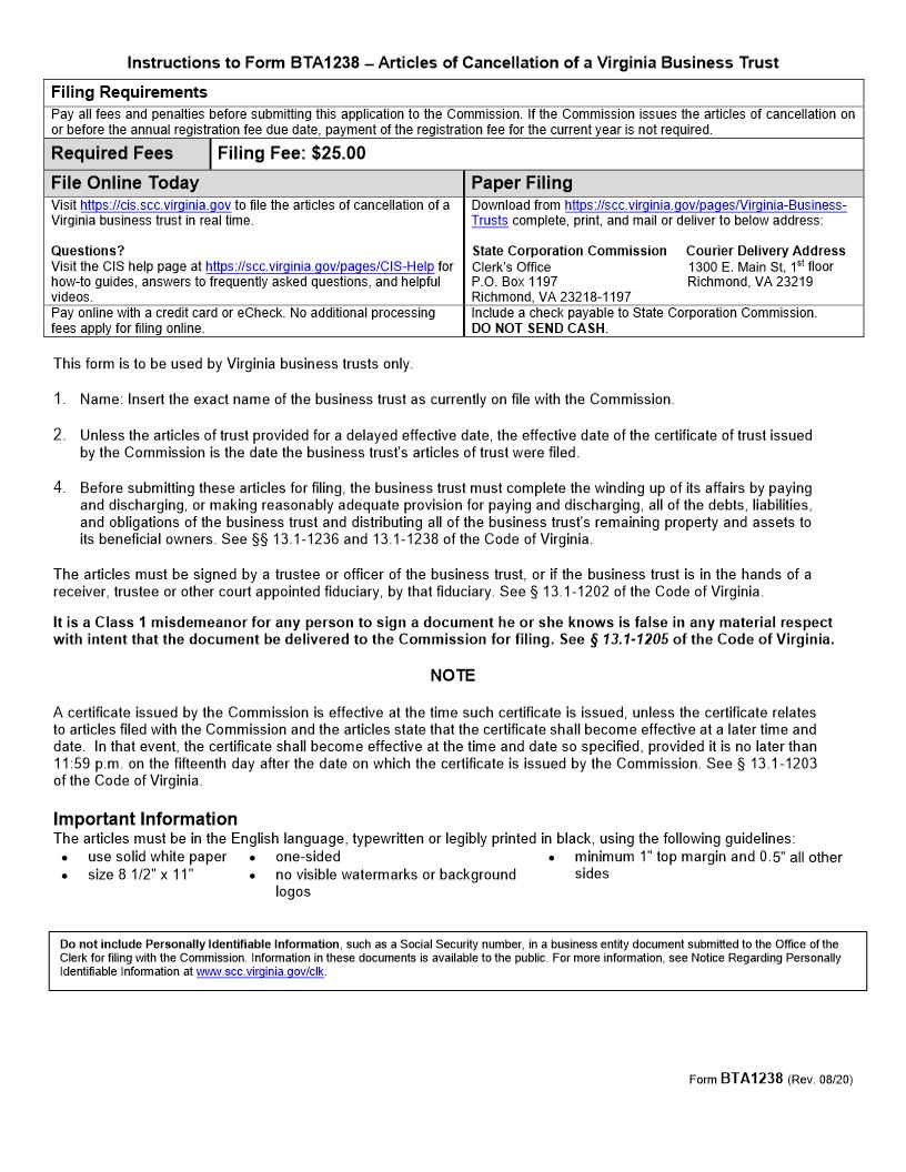 Articles Of Cancellation Of A Domestic Business Trust {BTA1238} | Pdf Fpdf Doc Docx | Virginia