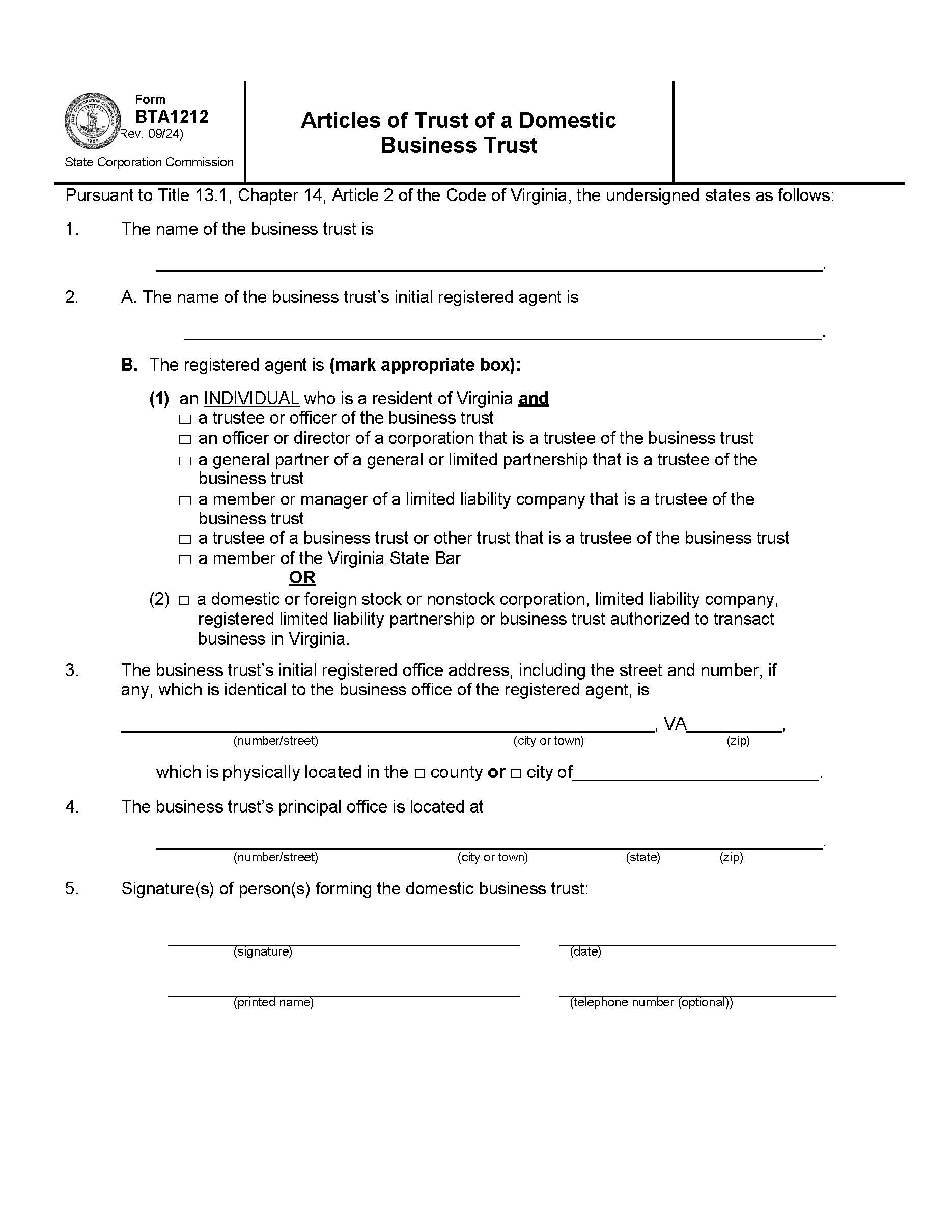 Articles Of Trust Of Domestic Business Trust {BTA1212} | Pdf Fpdf Doc Docx | Virginia